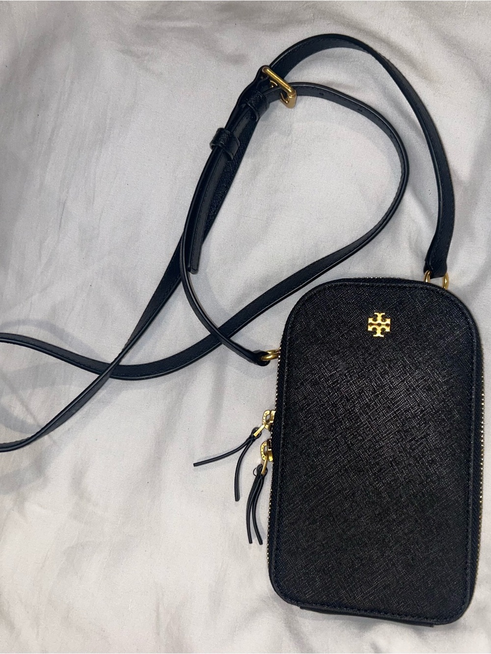 Tory Burch Black Crossbody Phone Pouch with Gold Logo